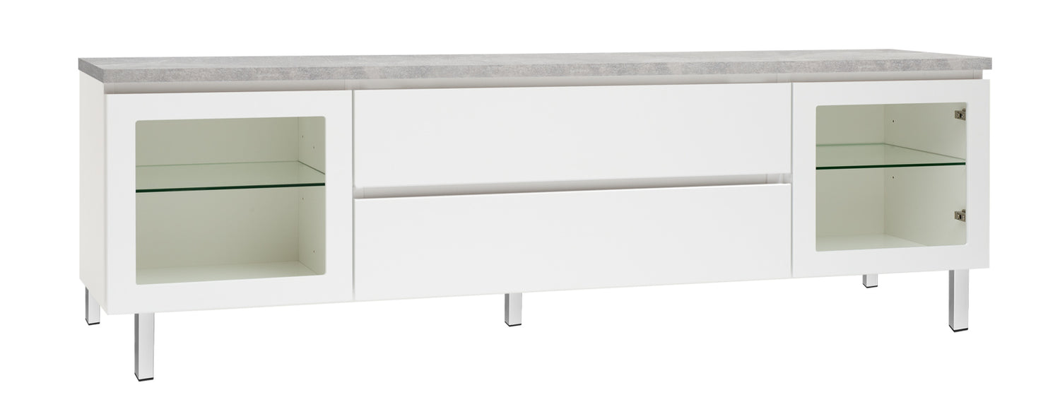 Kuvassa on 184 cm leveä valkoinen Viiva-sarjan tv-taso harmaalla betonijäljitelmän sävyisellä kannella ja valkoisilla metallijaloilla.