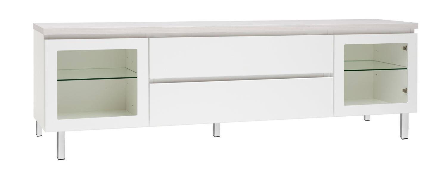 Kuvassa on 184 cm leveä valkoinen Viiva-sarjan tv-taso valkosaarninvärisellä kannella ja valkoisilla metallijaloilla.