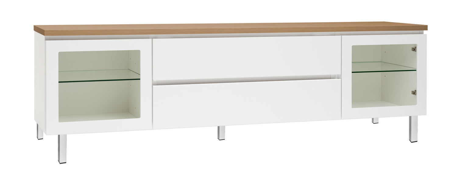 Kuvassa on 184 cm leveä valkoinen Viiva-sarjan tv-taso tammenvärisellä kannella ja valkoisilla metallijaloilla.