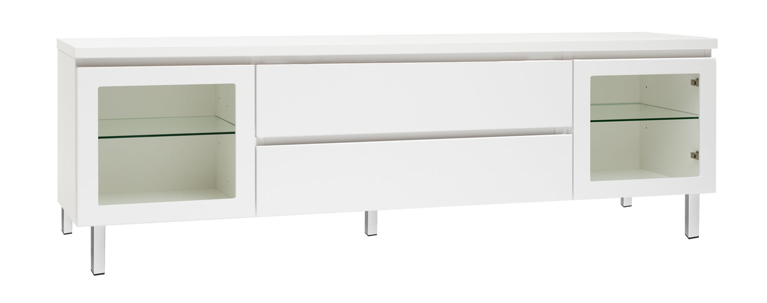 Kuvassa on 184 cm leveä kokovalkoinen Viiva-sarjan tv-taso valkoisilla metallijaloilla.