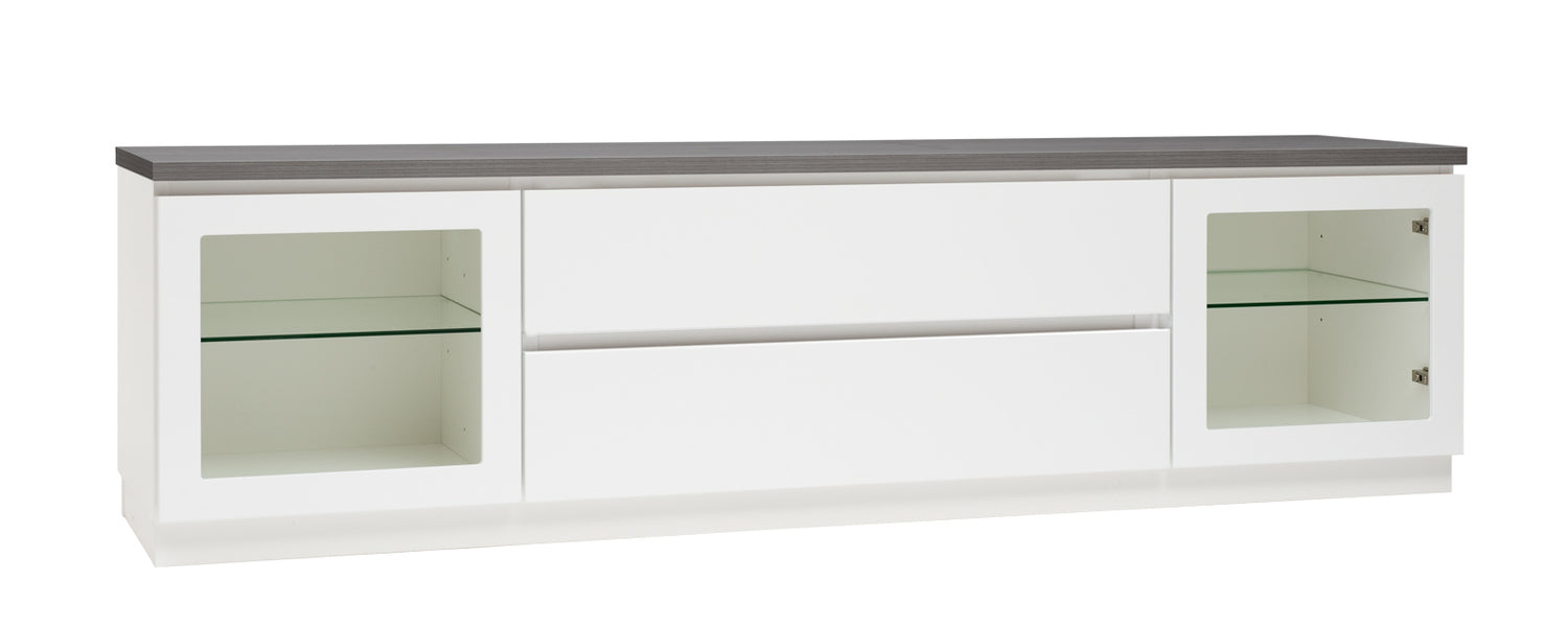 Kuvassa on 184 cm leveä valkoinen Viiva-sarjan tv-taso antrasiitinvärisellä kannella ja valkoisella sokkelijalalla.