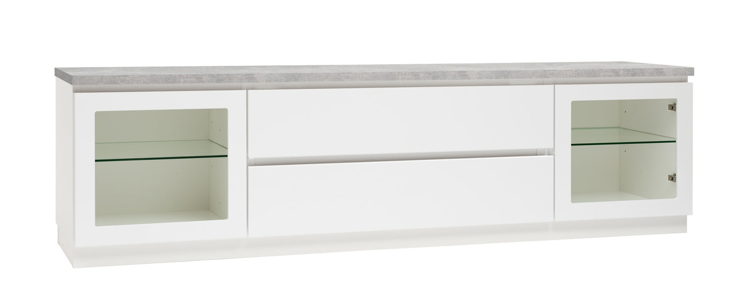 Kuvassa on 184 cm leveä valkoinen Viiva-sarjan tv-taso harmaalla betonijäljitelmän sävyisellä kannella ja valkoisella jalkasokkelilla.