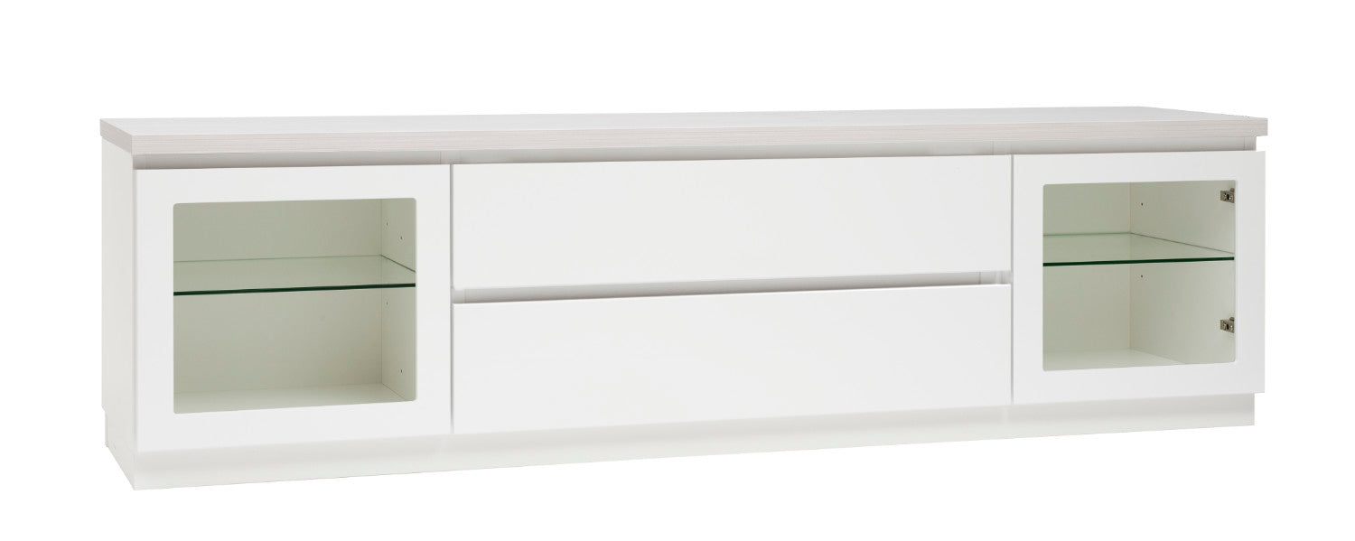 Kuvassa on 184 cm leveä valkoinen Viiva-sarjan tv-taso valkosaarninvärisellä kannella ja valkoisella jalkasokkelilla.