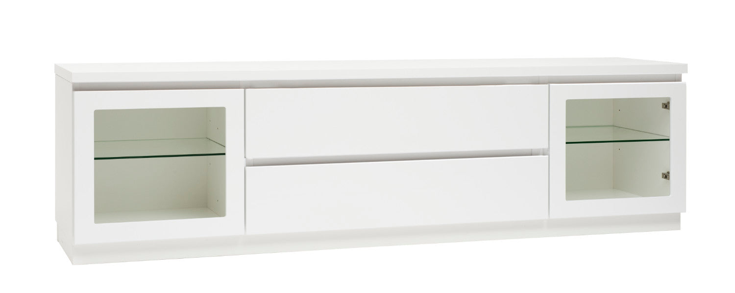 Kuvassa on 184 cm leveä kokovalkoinen Viiva-sarjan tv-taso valkoisella jalkasokkelilla.