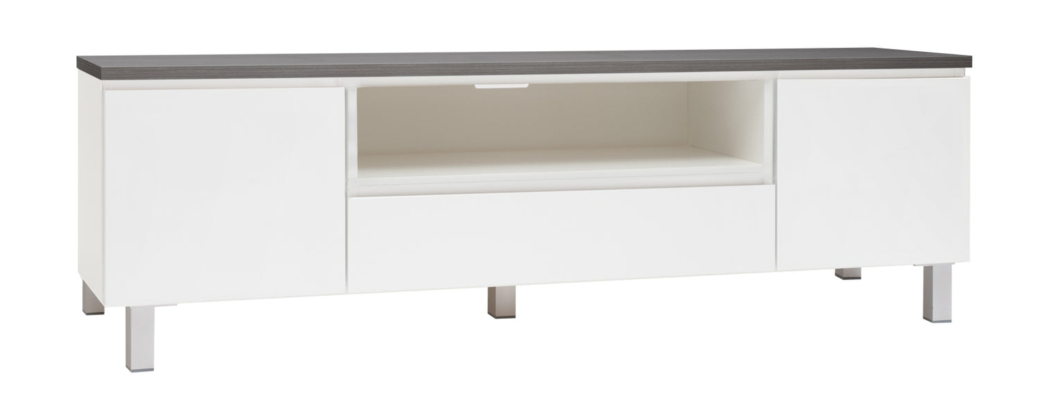 Kuvassa on 184 cm leveä valkoinen Viiva-sarjan tv-taso antrasiitinvärisellä kannella ja hopeanvärisillä alumiinijaloilla.