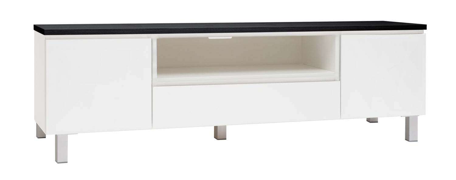 Kuvassa on 184 cm leveä valkoinen Viiva-sarjan tv-taso mustalla kannella ja hopeanvärisillä alumiinijaloilla.