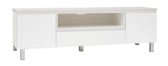 Kuvassa on 184 cm leveä valkoinen Viiva-sarjan tv-taso valkosaarninvärisellä kannella ja hopeanvärisillä alumiinijaloilla.