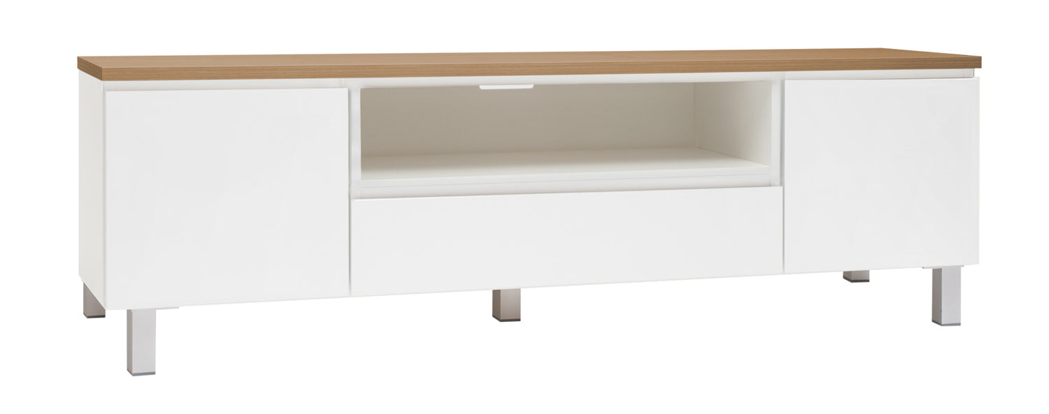 Kuvassa on 184 cm leveä valkoinen Viiva-sarjan tv-taso tammenvärisellä kannella ja hopeanvärisillä alumiinijaloilla.