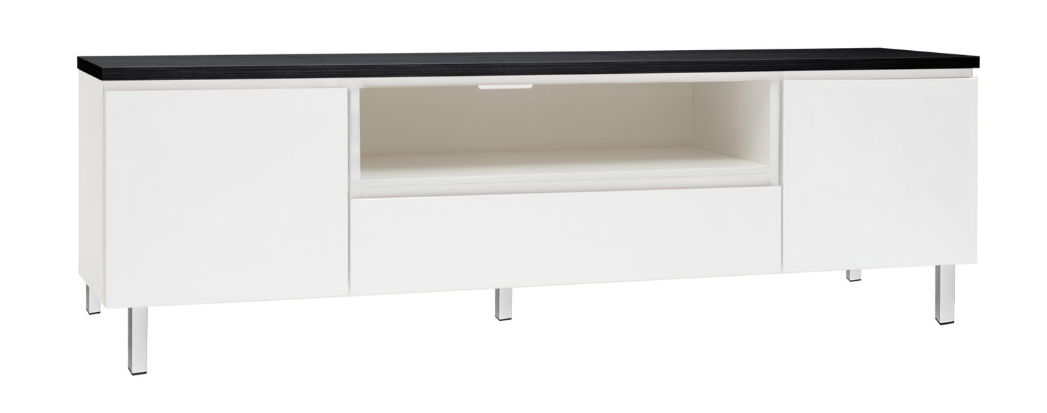 Kuvassa on 184 cm leveä valkoinen Viiva-sarjan tv-taso mustalla kannella ja valkoisilla metallijaloilla.