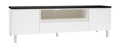 Kuvassa on 184 cm leveä valkoinen Viiva-sarjan tv-taso mustalla kannella ja valkoisilla metallijaloilla.