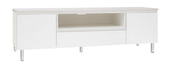 Kuvassa on 184 cm leveä valkoinen Viiva-sarjan tv-taso valkosaarninvärisellä kannella ja valkoisilla metallijaloilla.