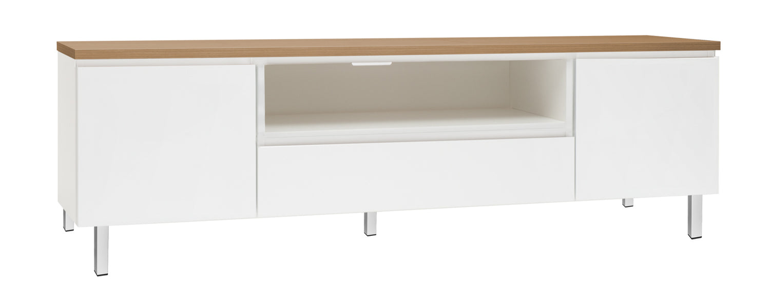 Kuvassa on 184 cm leveä valkoinen Viiva-sarjan tv-taso tammenvärisellä kannella ja valkoisilla metallijaloilla.