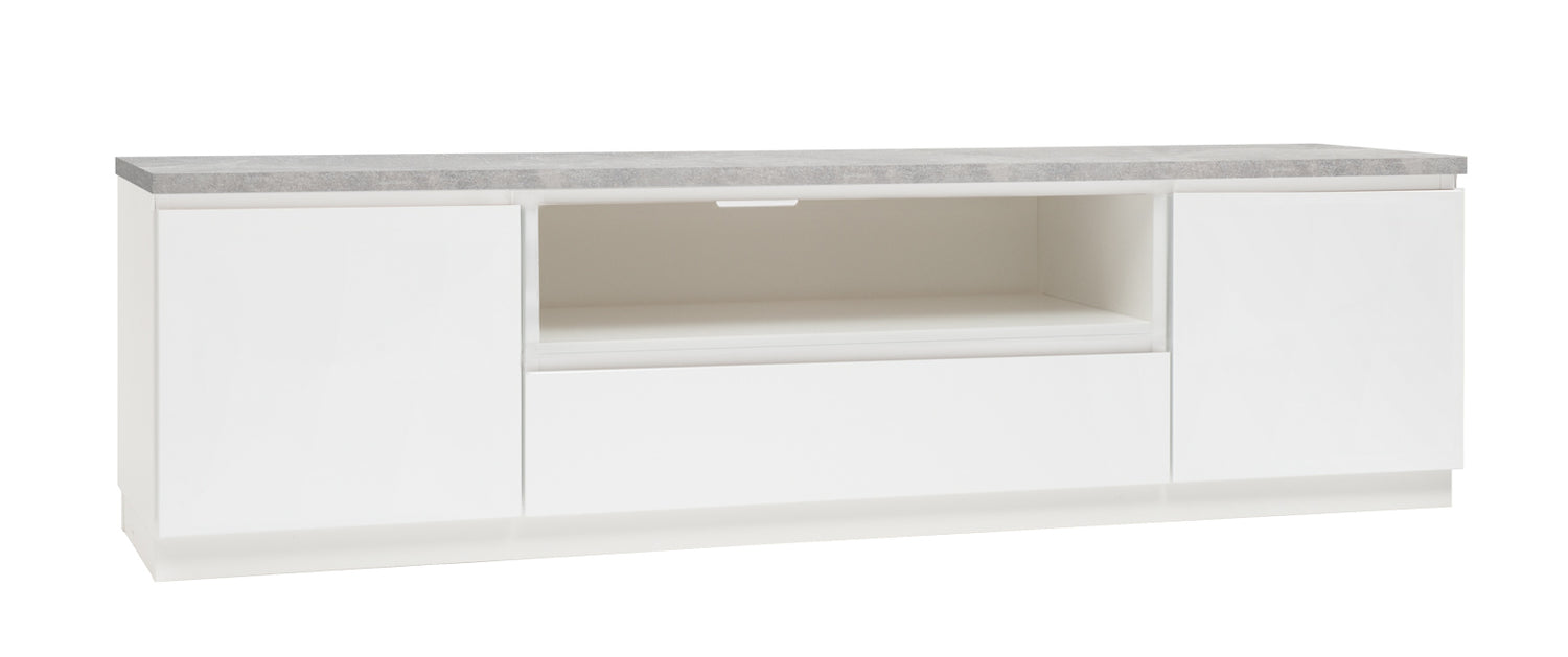 Kuvassa on 184 cm leveä valkoinen Viiva-sarjan tv-taso harmaalla betonijäljitelmän sävyisellä kannella ja valkoisella jalkasokkelilla.
