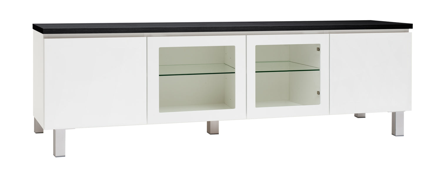 Kuvassa on 184 cm leveä valkoinen Viiva-sarjan tv-taso mustalla kannella ja hopeanvärisillä alumiinijaloilla. Kuvasta poiketen tasossa on keskellä yhtenäinen tila ilman väliseinää, 88 cm leveällä lasihyllyllä.