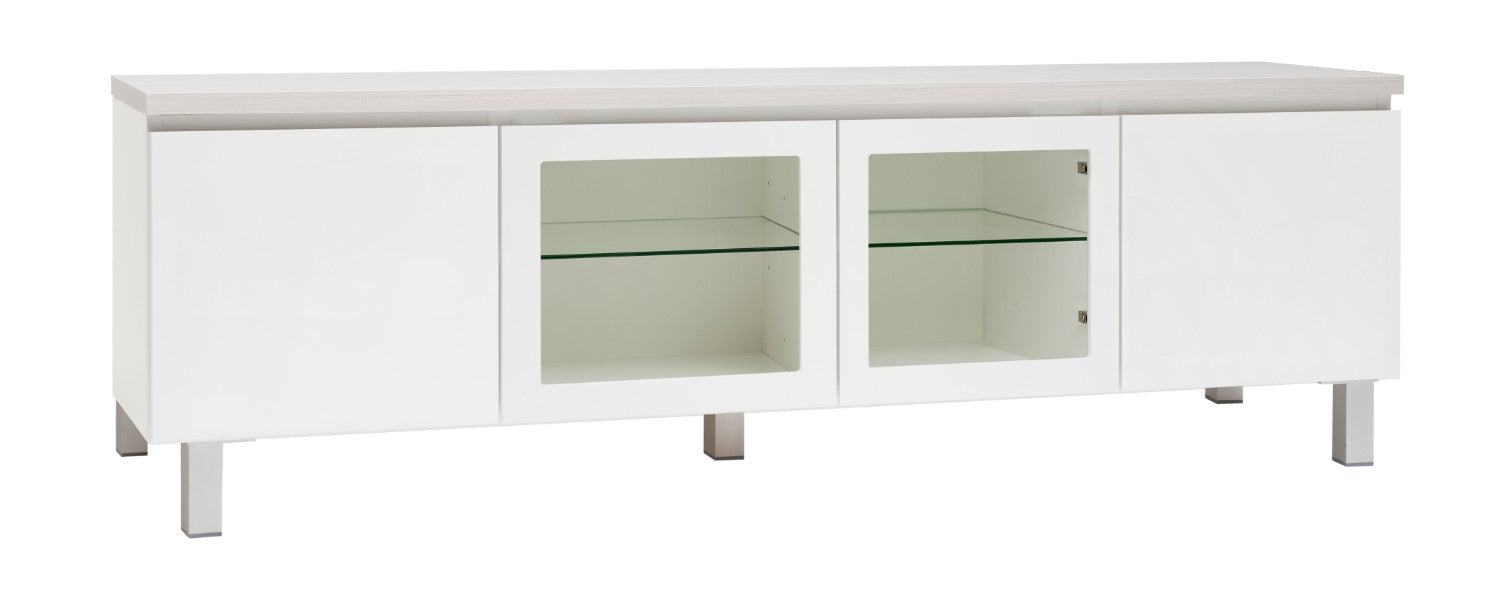 Kuvassa on 184 cm leveä valkoinen Viiva-sarjan tv-taso valkosaarninvärisellä kannella ja hopeanvärisillä alumiinijaloilla. Kuvasta poiketen tasossa on keskellä yhtenäinen tila ilman väliseinää, 88 cm leveällä lasihyllyllä.