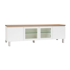 Kuvassa on 184 cm leveä valkoinen Viiva-sarjan tv-taso tammenvärisellä kannella ja hopean värisillä alumiinijaloilla. Kuvasta poiketen tasossa on keskellä yhtenäinen tila ilman väliseinää, 88 cm leveällä lasihyllyllä.