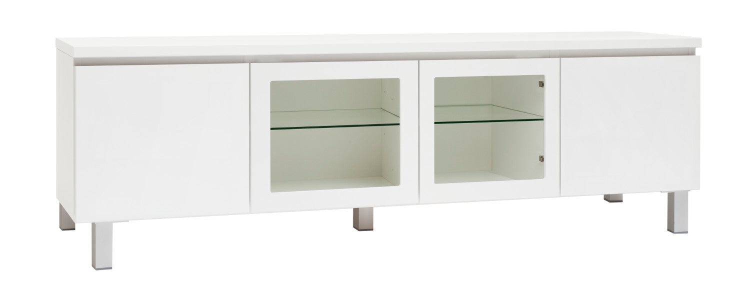 Kuvassa on 184 cm leveä kokovalkoinen Viiva-sarjan tv-taso hopeanvärisillä alumiinijaloilla. Kuvasta poiketen tasossa on keskellä yhtenäinen tila ilman väliseinää, 88 cm leveällä lasihyllyllä.