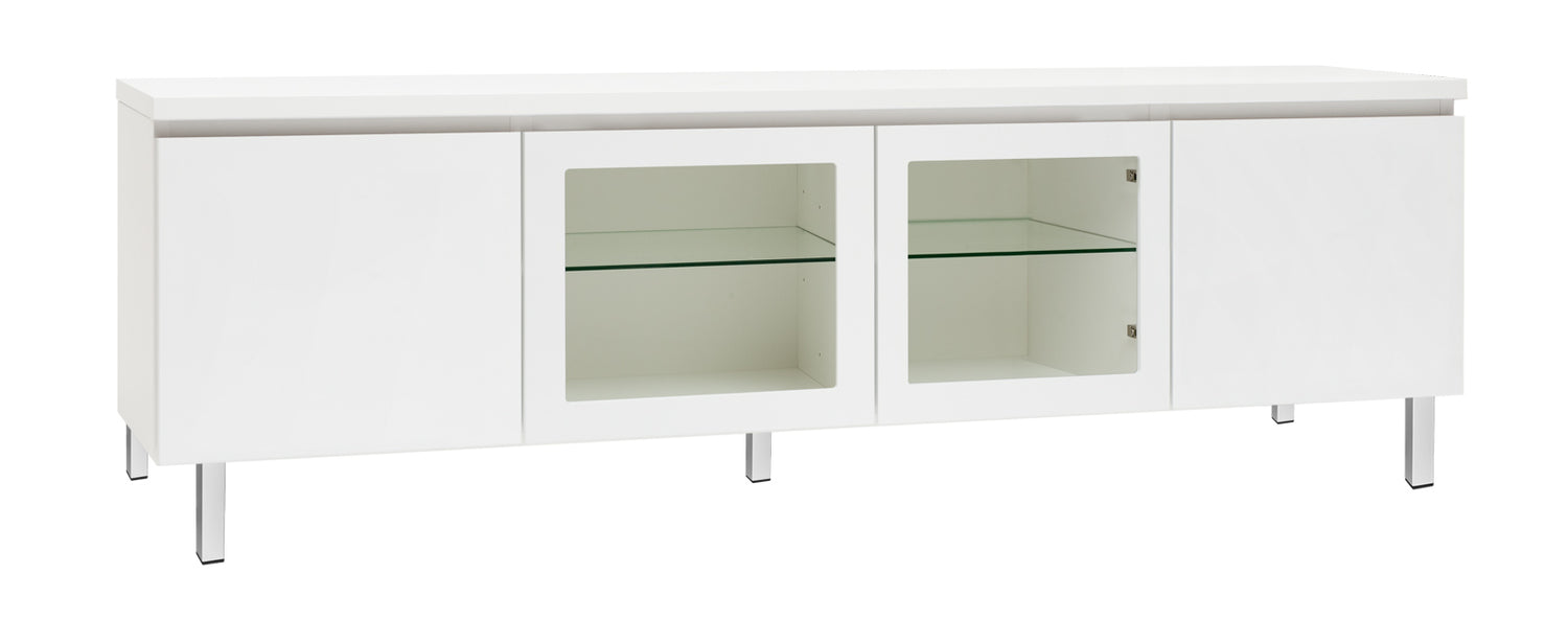 Kuvassa on 184 cm leveä kokovalkoinen Viiva-sarjan tv-taso valkoisilla metallijaloilla. Kuvasta poiketen tasossa on keskellä yhtenäinen tila ilman väliseinää, 88 cm leveällä lasihyllyllä.