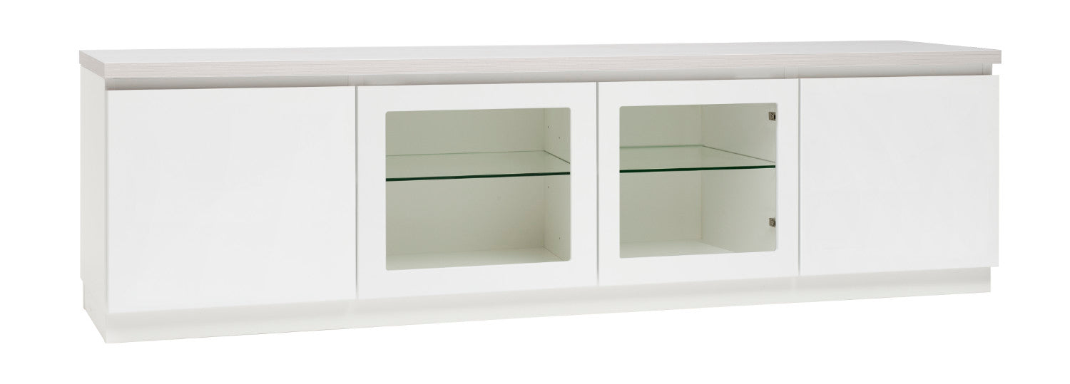 Kuvassa on 184 cm leveä valkoinen Viiva-sarjan tv-taso valkosaarninvärisellä kannella ja valkoisella jalkasokkelilla. Kuvasta poiketen tasossa on keskellä yhtenäinen tila ilman väliseinää, 88 cm leveällä lasihyllyllä.