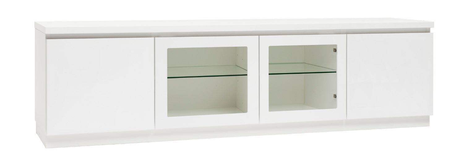 Kuvassa on 184 cm leveä kokovalkoinen Viiva-sarjan tv-taso valkoisella jalkasokkelilla. Kuvasta poiketen tasossa on keskellä yhtenäinen tila ilman väliseinää, 88 cm leveällä lasihyllyllä.