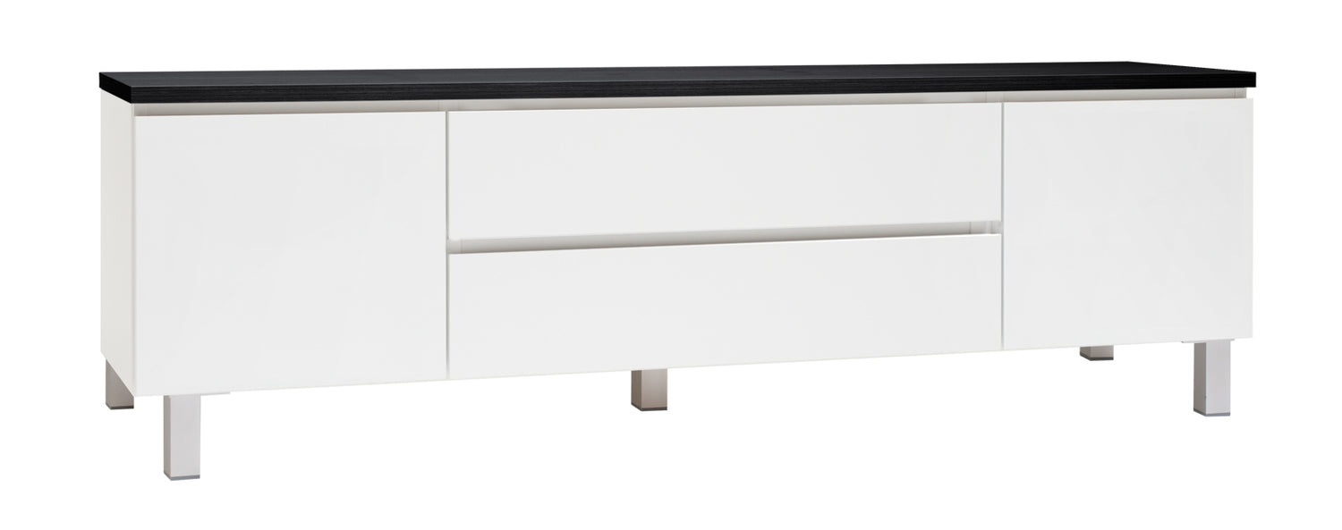 Kuvassa on 184 cm leveä valkoinen Viiva-sarjan tv-taso mustalla kansilevyllä ja hopeanvärisillä alumiinijaloilla.