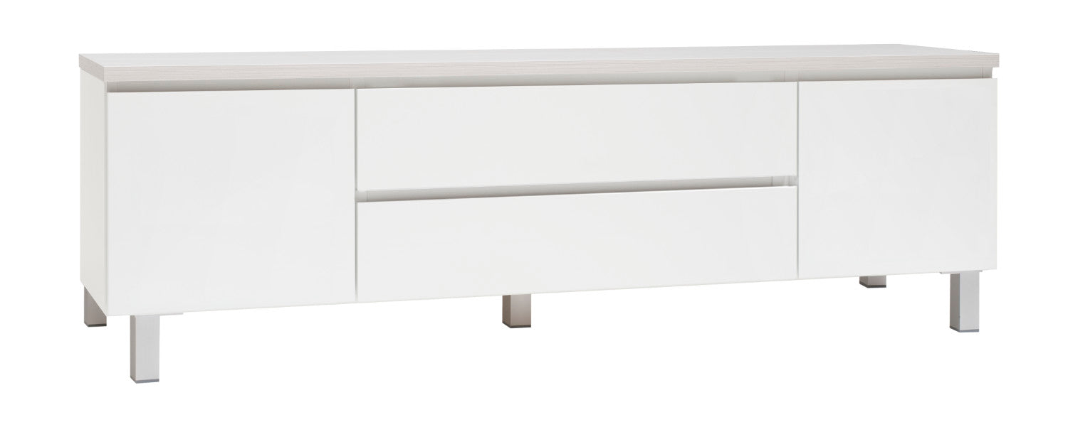 Kuvassa on 184 cm leveä valkoinen Viiva-sarjan tv-taso valkosaarninvärisellä kansilevyllä ja hopeanvärisillä alumiinijaloilla.