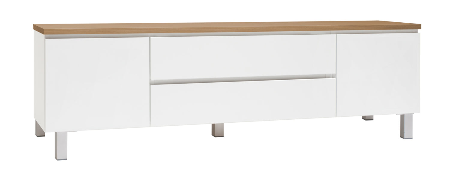 Kuvassa on 184 cm leveä valkoinen Viiva-sarjan tv-taso tammenvärisellä kansilevyllä ja hopeanvärisillä alumiinijaloilla.