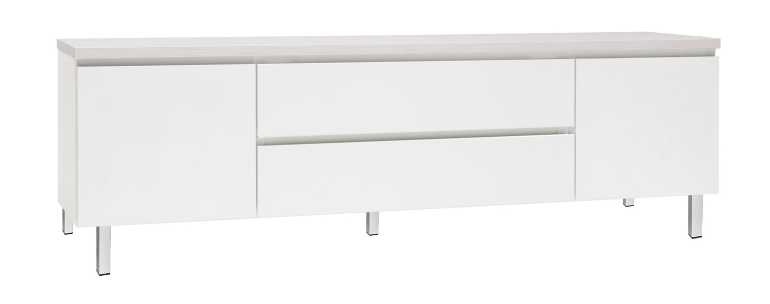 Kuvassa on 184 cm leveä valkoinen Viiva-sarjan tv-taso valkosaarninvärisellä kansilevyllä ja valkoisilla metallijaloilla.