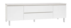 Kuvassa on 184 cm leveä valkoinen Viiva-sarjan tv-taso valkosaarninvärisellä kansilevyllä ja valkoisilla metallijaloilla.