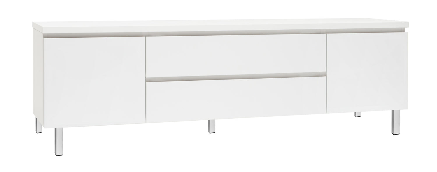 Kuvassa on 184 cm leveä kokovalkoinen Viiva-sarjan tv-taso valkoisilla metallijaloilla.