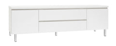 Kuvassa on 184 cm leveä kokovalkoinen Viiva-sarjan tv-taso valkoisilla metallijaloilla.