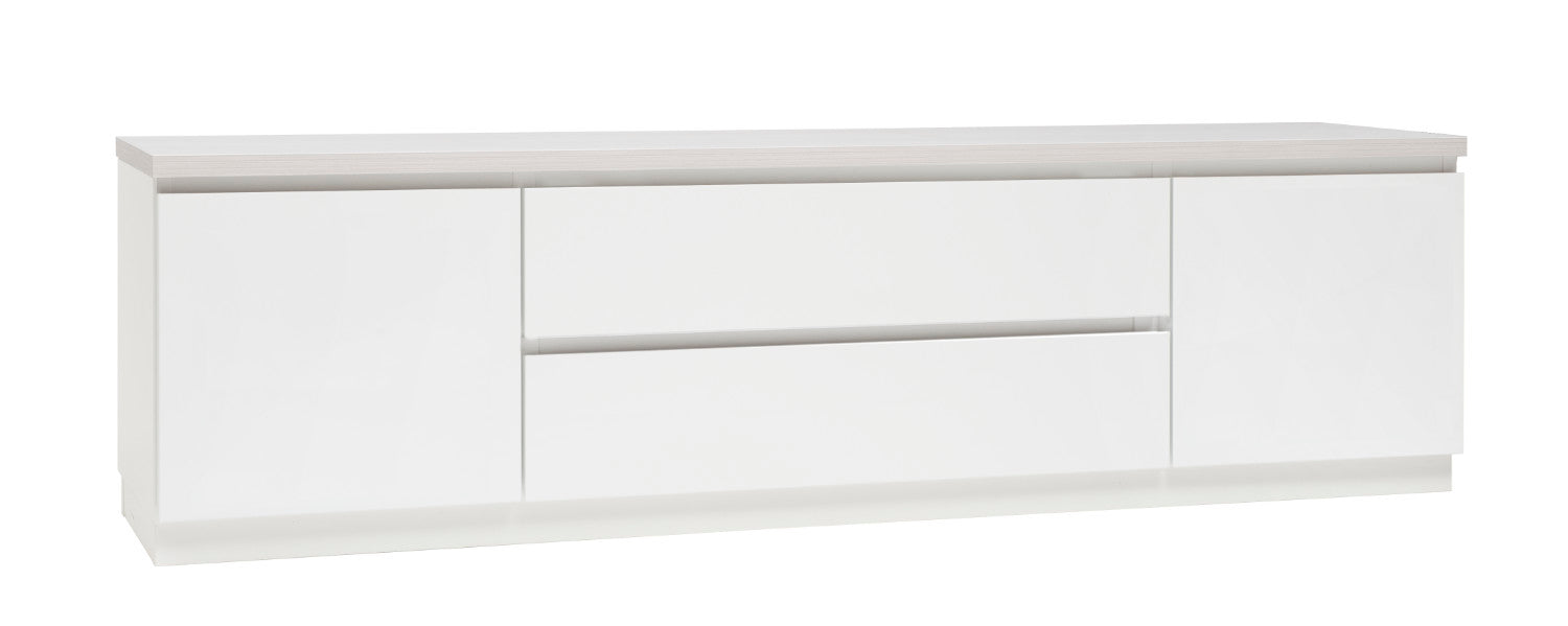 Kuvassa on 184 cm leveä valkoinen Viiva-sarjan tv-taso valkosaarninvärisellä kansilevyllä ja valkoisella jalkasokkelilla.