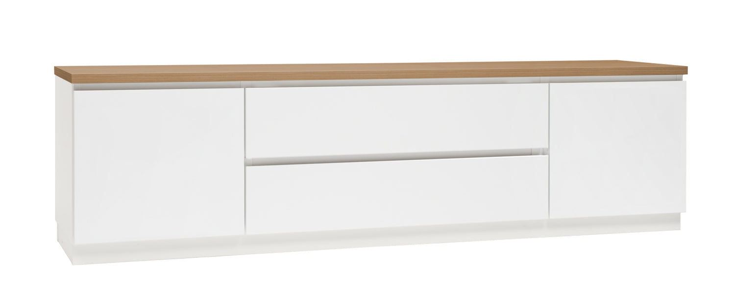 Kuvassa on 184 cm leveä valkoinen Viiva-sarjan tv-taso tammenvärisellä kansilevyllä ja valkoisella jalkasokkelilla.
