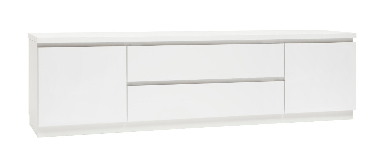 Kuvassa on 184 cm leveä kokovalkoinen Viiva-sarjan tv-taso valkoisella jalkasokkelilla.