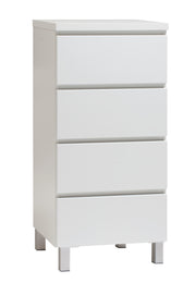 Kuvassa on 46 cm leveä kokovalkoinen Viiva-lipasto hopeanvärisillä alumiinijaloilla.