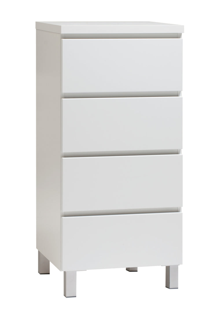Kuvassa on 46 cm leveä kokovalkoinen Viiva-lipasto hopeanvärisillä alumiinijaloilla.