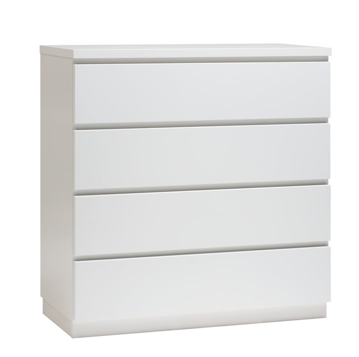 Kuvassa on 92 cm leveä kokovalkoinen Viiva-lipasto valkoisella sokkelijalalla.