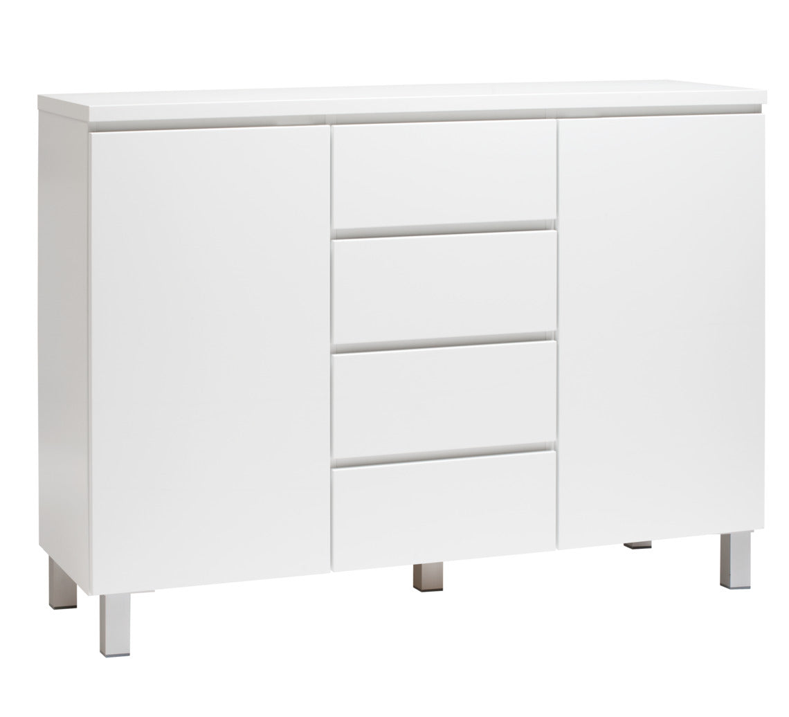 Kuvassa on 137 cm leveä kokovalkoinen Viiva-senkki hopeanvärisillä alumiinijaloilla.