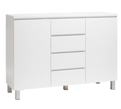 Kuvassa on 137 cm leveä kokovalkoinen Viiva-senkki hopeanvärisillä alumiinijaloilla.