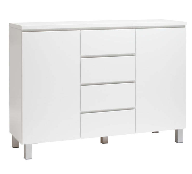 Kuvassa on 137 cm leveä kokovalkoinen Viiva-senkki hopeanvärisillä alumiinijaloilla.