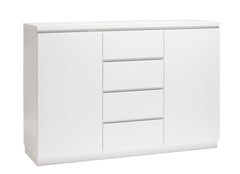Kuvassa on 137 cm leveä kokovalkoinen Viiva-senkki valkoisella jalkasokkelilla.