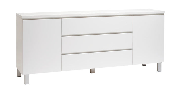 Kuvassa on 184 cm leveä kokovalkoinen Viiva-senkki hopeanvärisillä alumiinijaloilla.