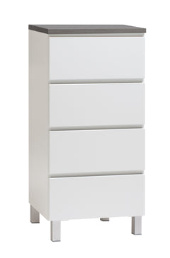 Kuvassa on 46 cm leveä valkoinen Viiva-lipasto antrasiitinvärisellä kannella ja hopeanvärisillä alumiinijaloilla.