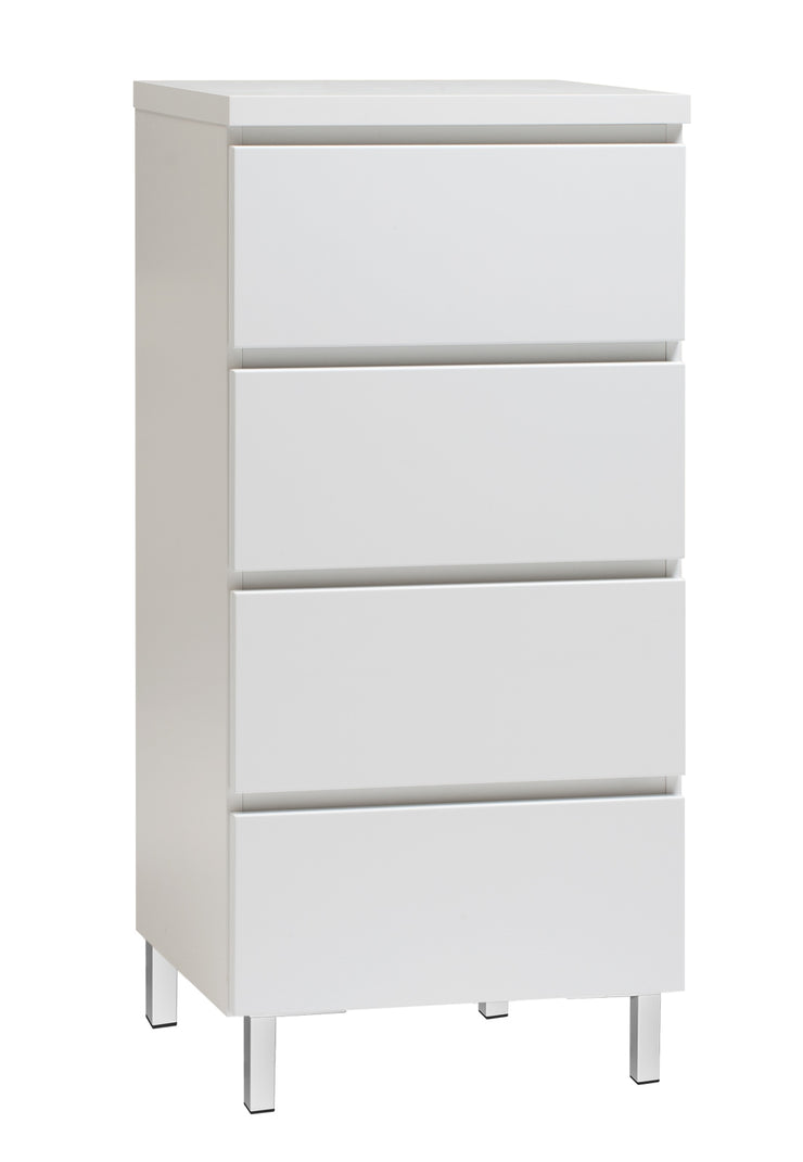 Kuvassa on 46 cm leveä kokovalkoinen Viiva-lipasto valkoisilla metallijaloilla.