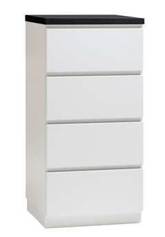 Kuvassa on 46 cm leveä valkoinen Viiva-laatikosto mustalla kannella ja valkoisella jalkasokkelilla.