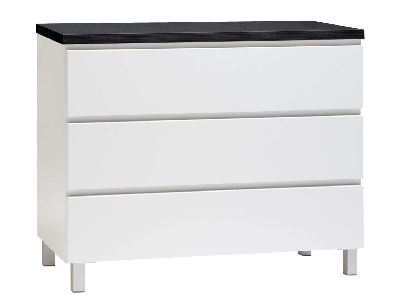 Kuvassa on 92 cm leveä valkoinen Viiva-lipasto mustalla kannella ja hopeanvärisillä alumiinijaloilla.