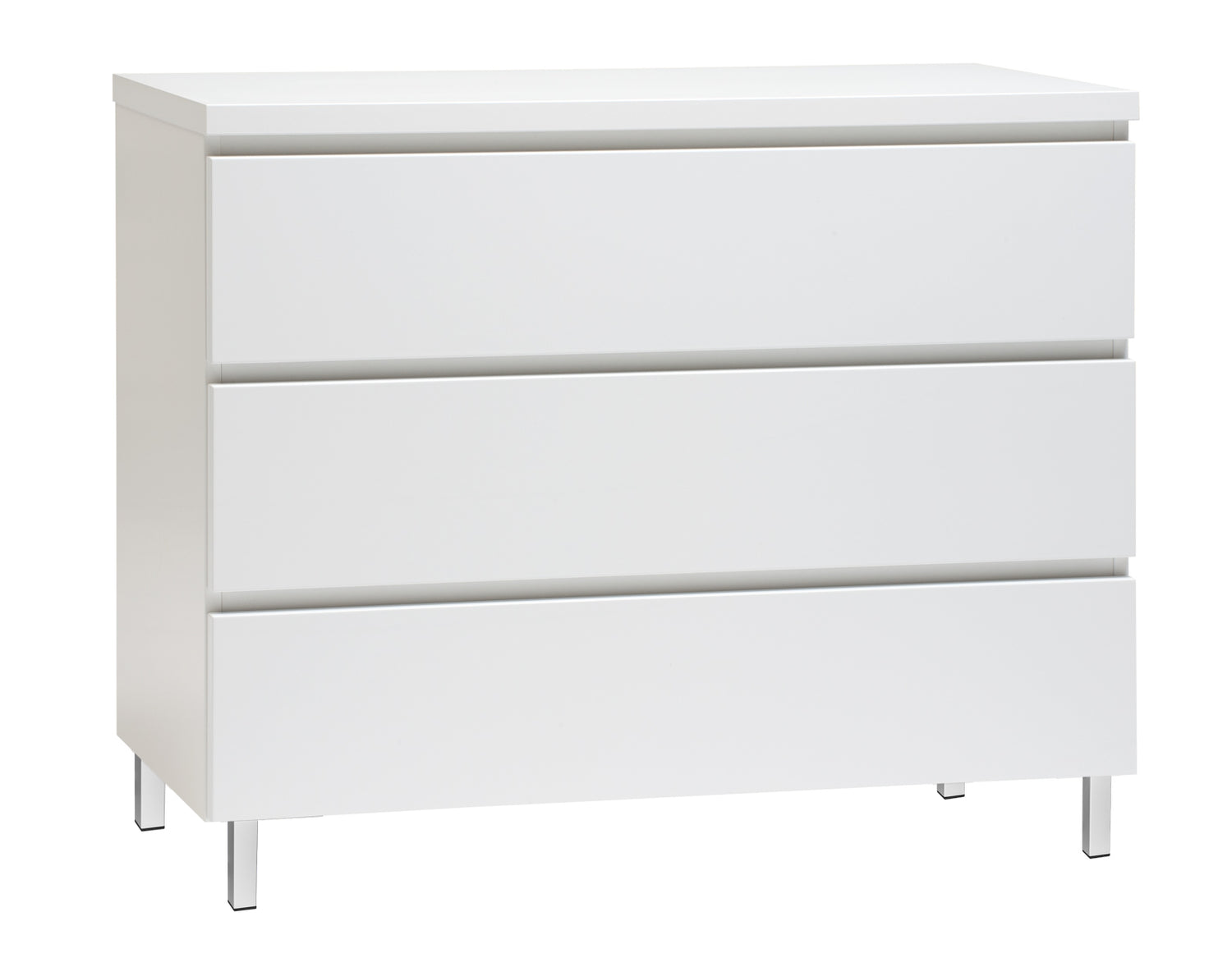 Kuvassa on 92 cm leveä kokovalkoinen Viiva-laatikosto valkoisilla metallijaloilla.