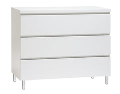 Kuvassa on 92 cm leveä kokovalkoinen Viiva-laatikosto valkoisilla metallijaloilla.