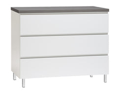 Kuvassa on 92 cm leveä valkoinen Viiva-lipasto antrasiitinvärisellä kannella ja valkoisilla metallijaloilla.