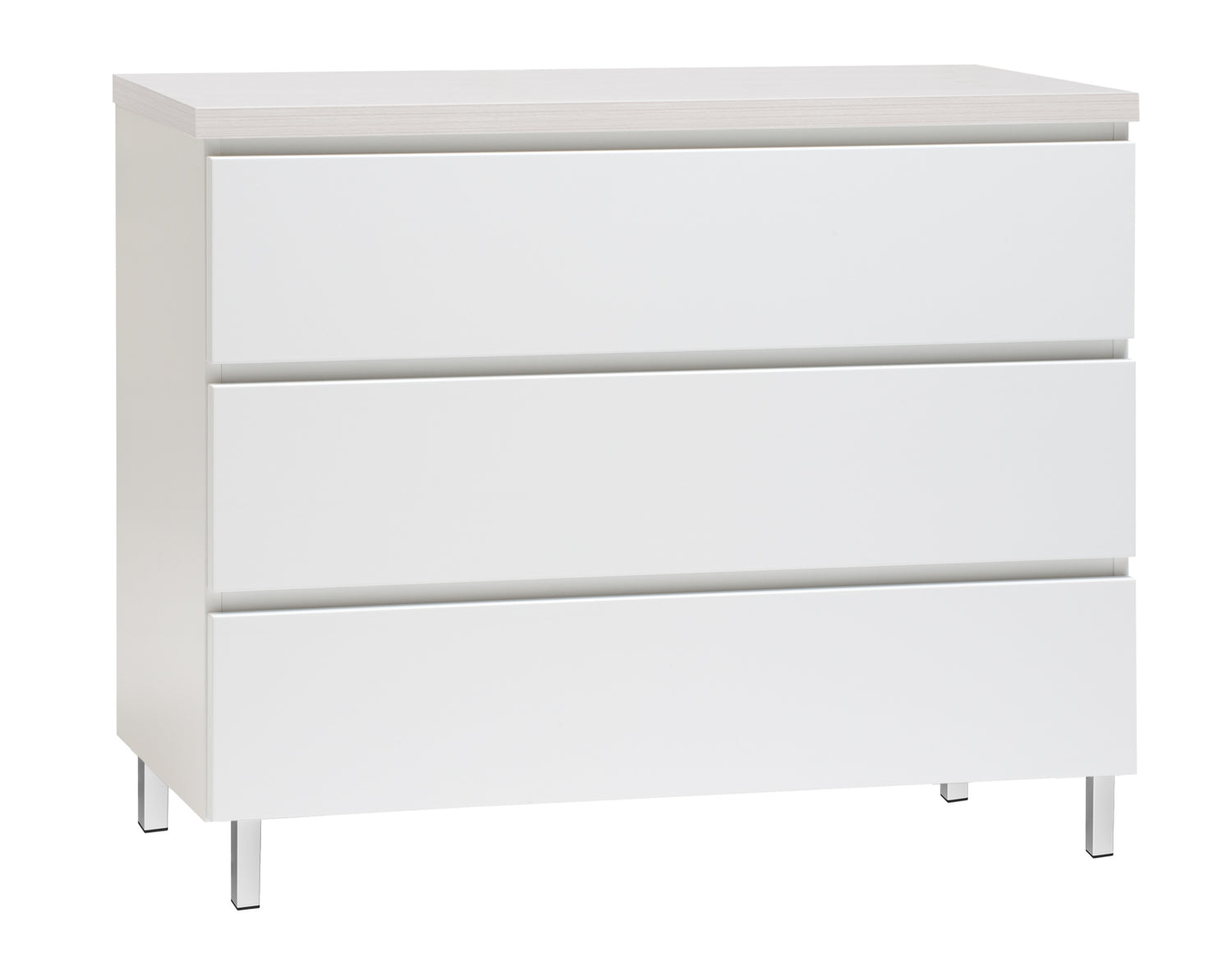 Kuvassa on 92 cm leveä valkoinen Viiva-laatikosto valkosaarninvärisellä kannella ja valkoisilla metallijaloilla.